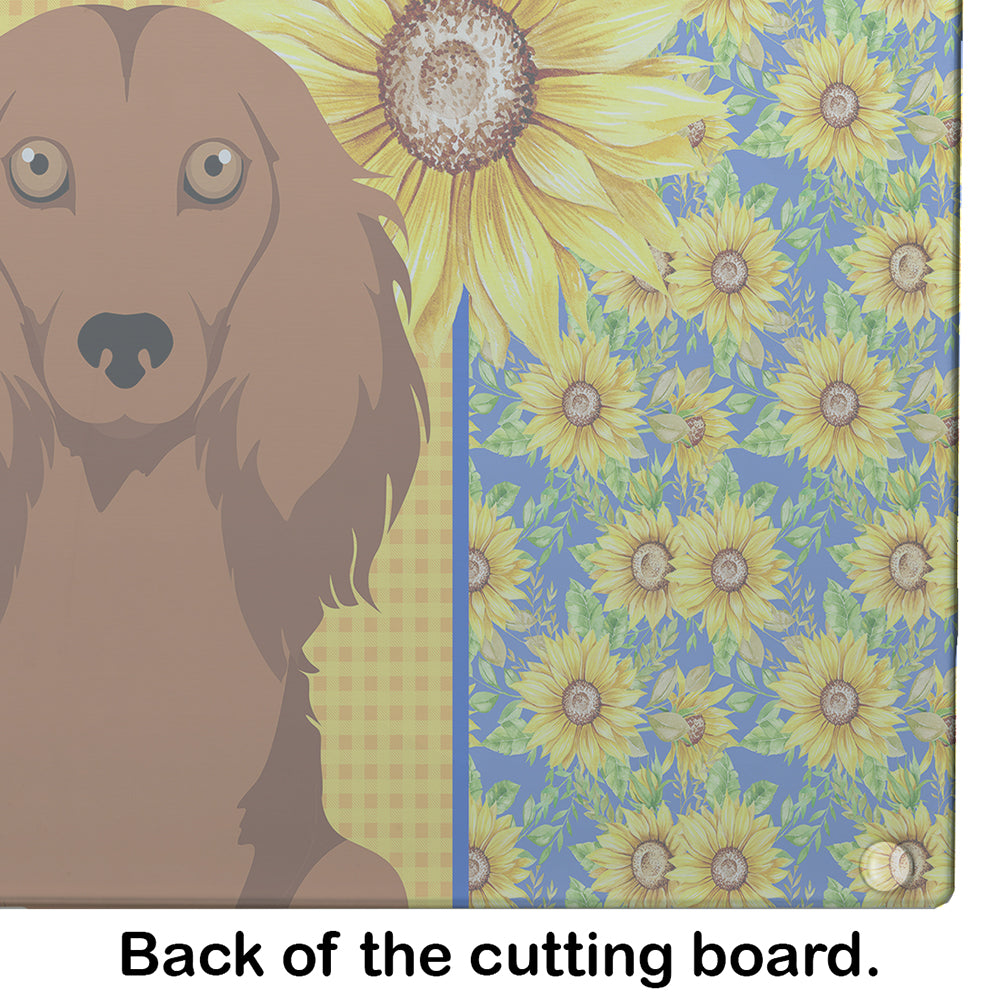 Summer Sunflowers Longhair Red Dachshund Glass Cutting Board Large - the-store.com