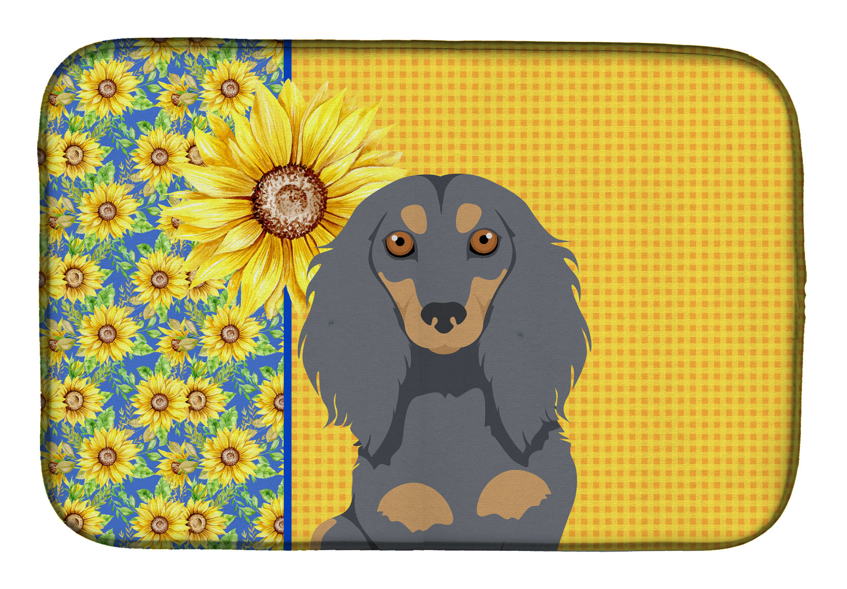 Summer Sunflowers Longhair Blue and Tan Dachshund Dish Drying Mat  the-store.com.