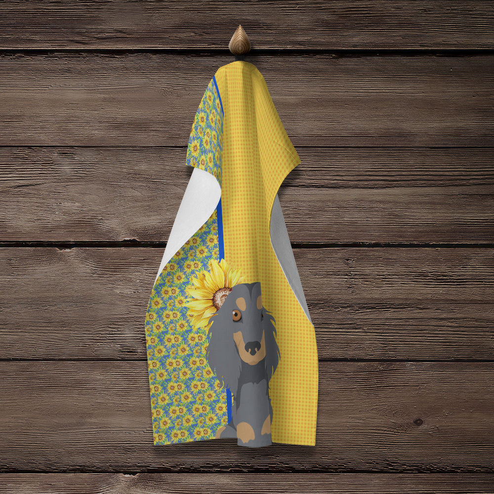Summer Sunflowers Longhair Blue and Tan Dachshund Kitchen Towel - the-store.com