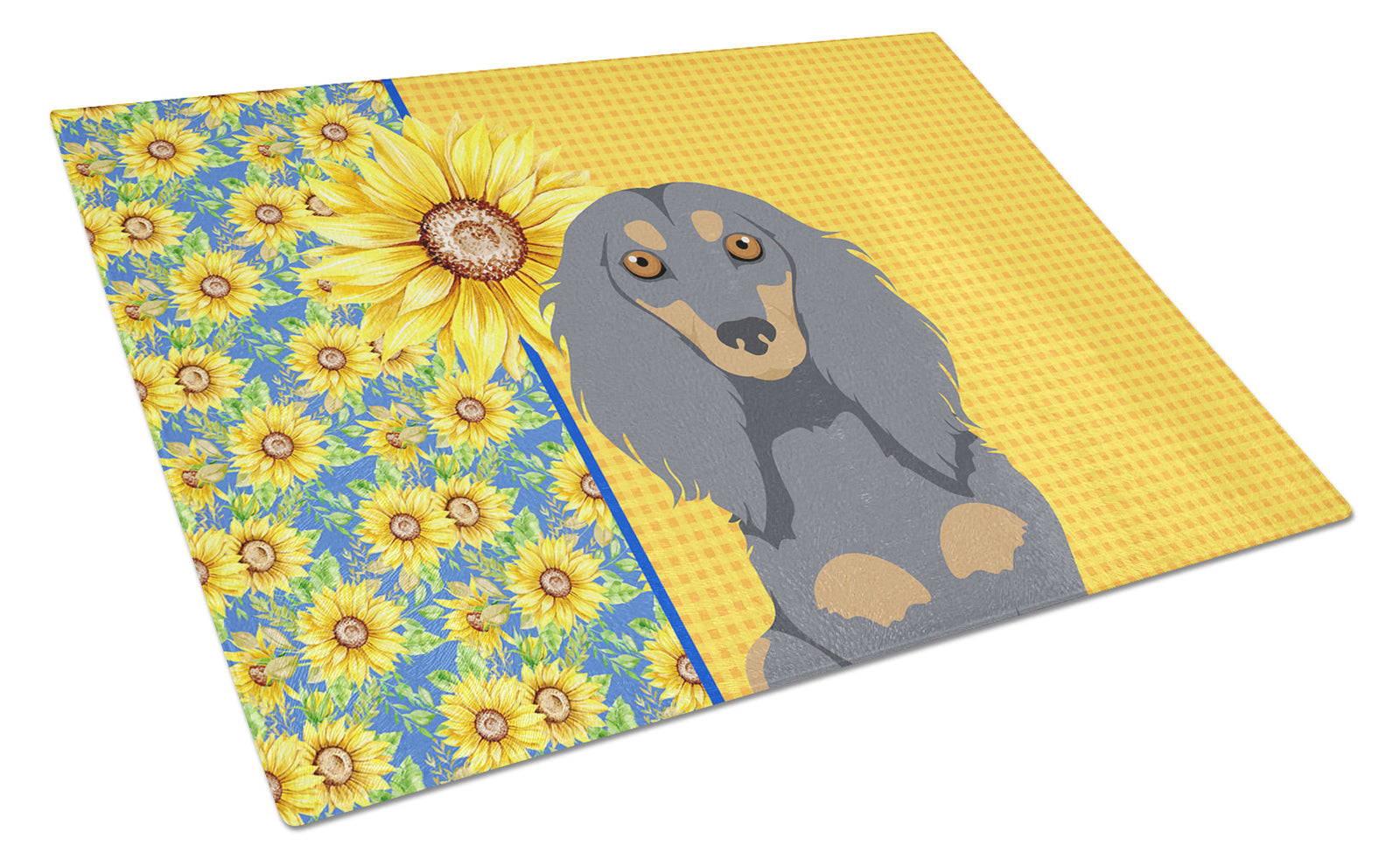 Buy this Summer Sunflowers Longhair Blue and Tan Dachshund Glass Cutting Board Large