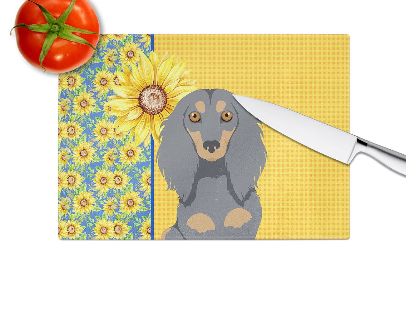 Summer Sunflowers Longhair Blue and Tan Dachshund Glass Cutting Board Large - the-store.com