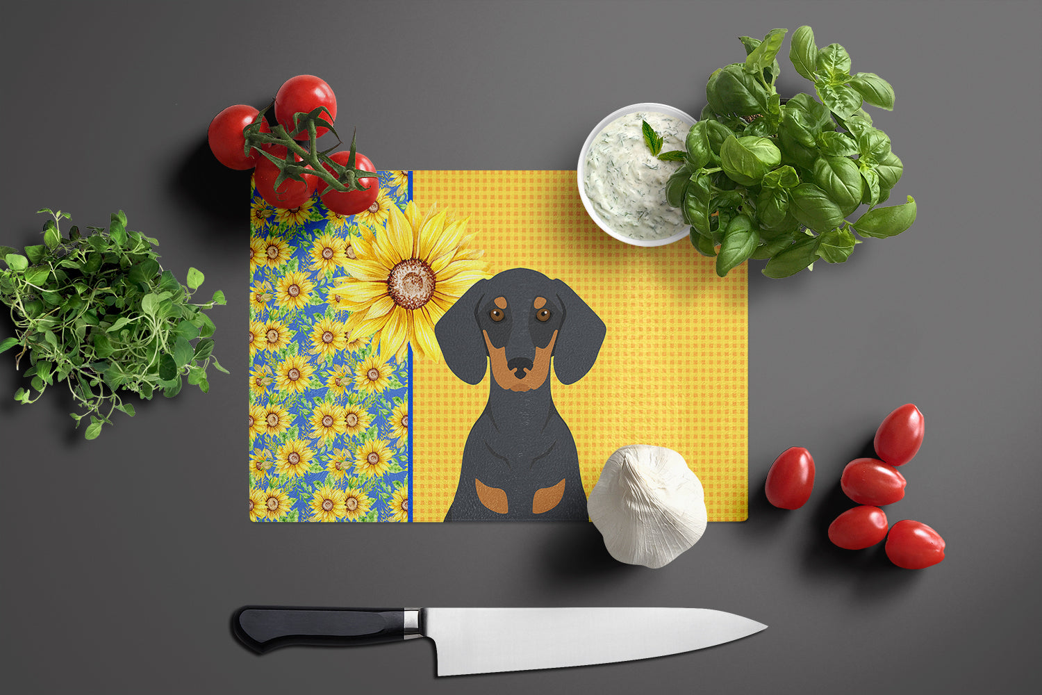 Summer Sunflowers Black and Tan Dachshund Glass Cutting Board Large - the-store.com