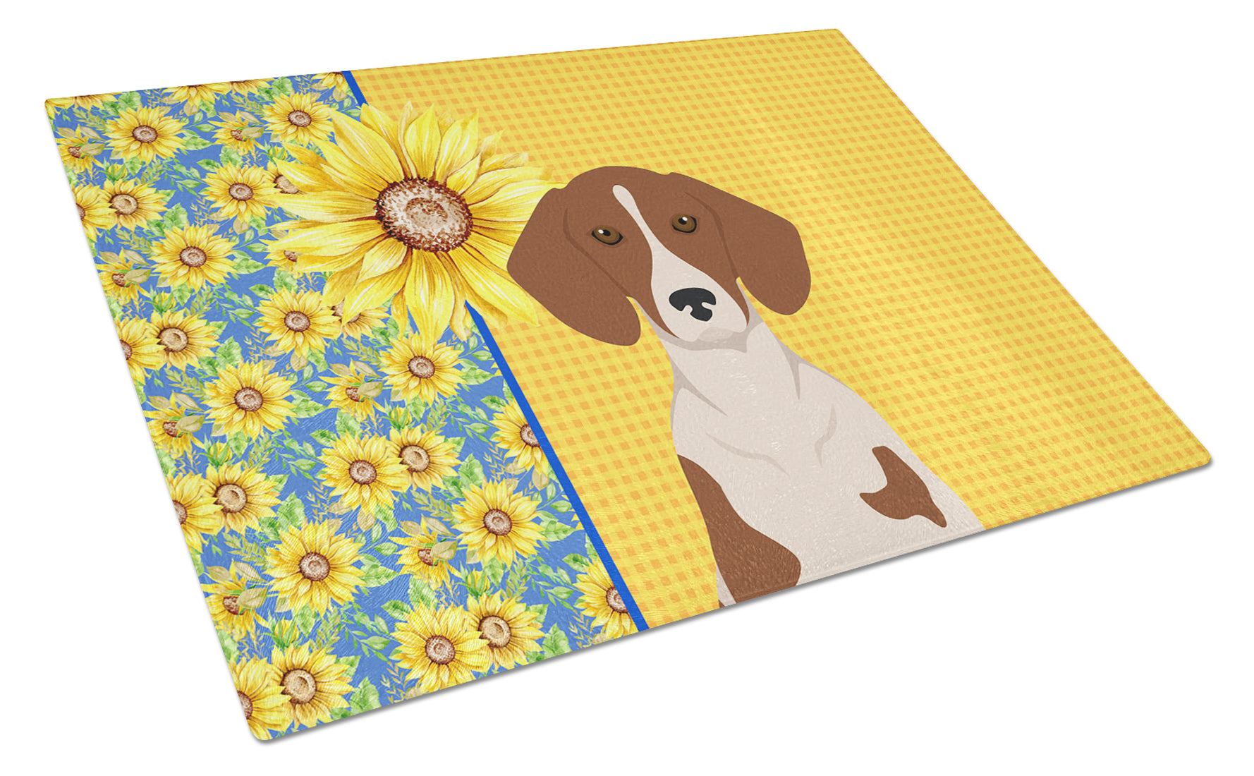 Buy this Summer Sunflowers Red Piebald Dachshund Glass Cutting Board Large