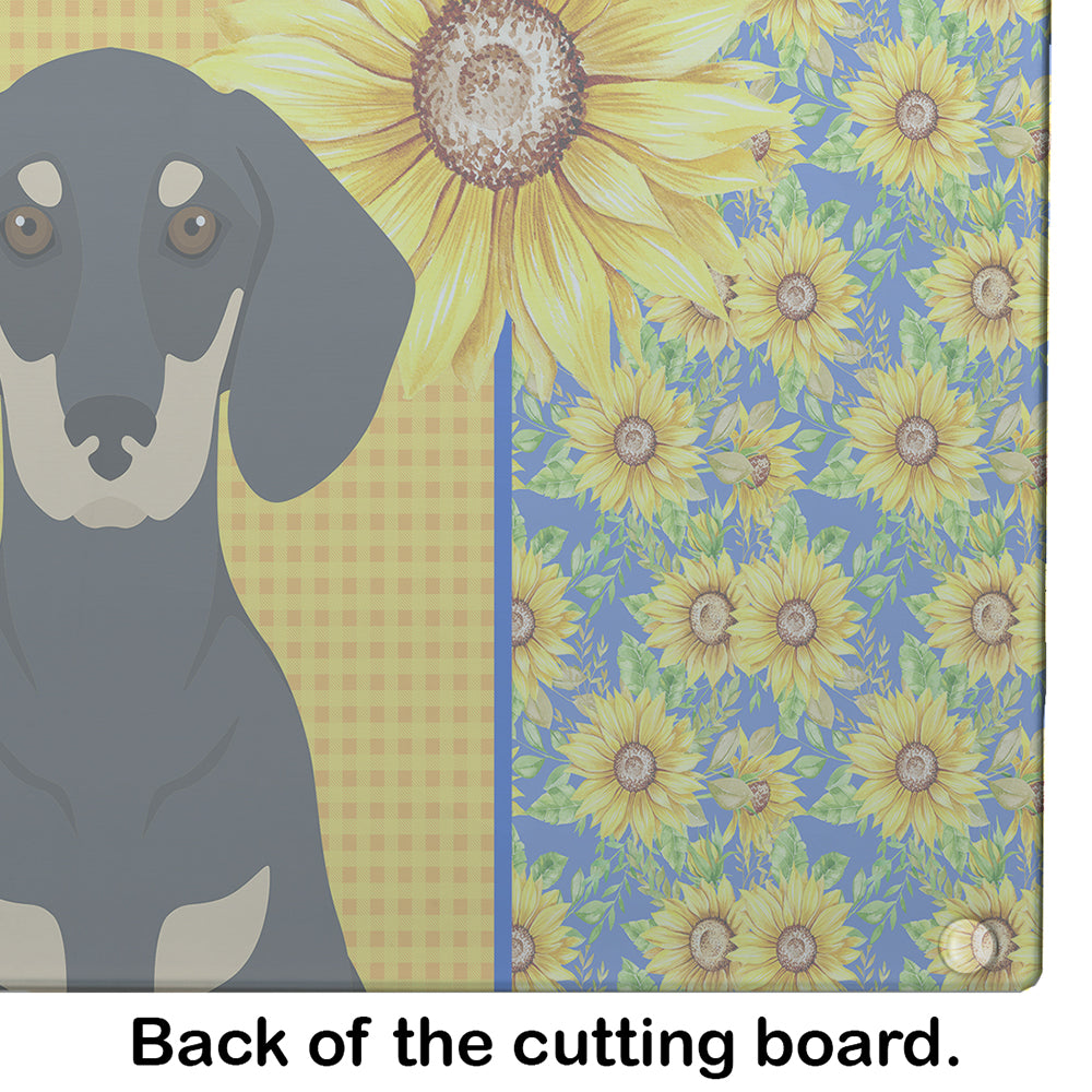 Summer Sunflowers Black and Cream Dachshund Glass Cutting Board Large - the-store.com