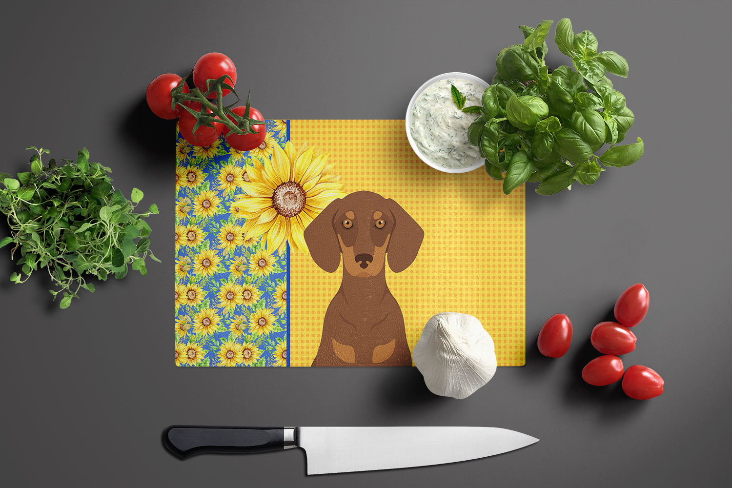 Summer Sunflowers Chocolate and Tan Dachshund Glass Cutting Board Large - the-store.com