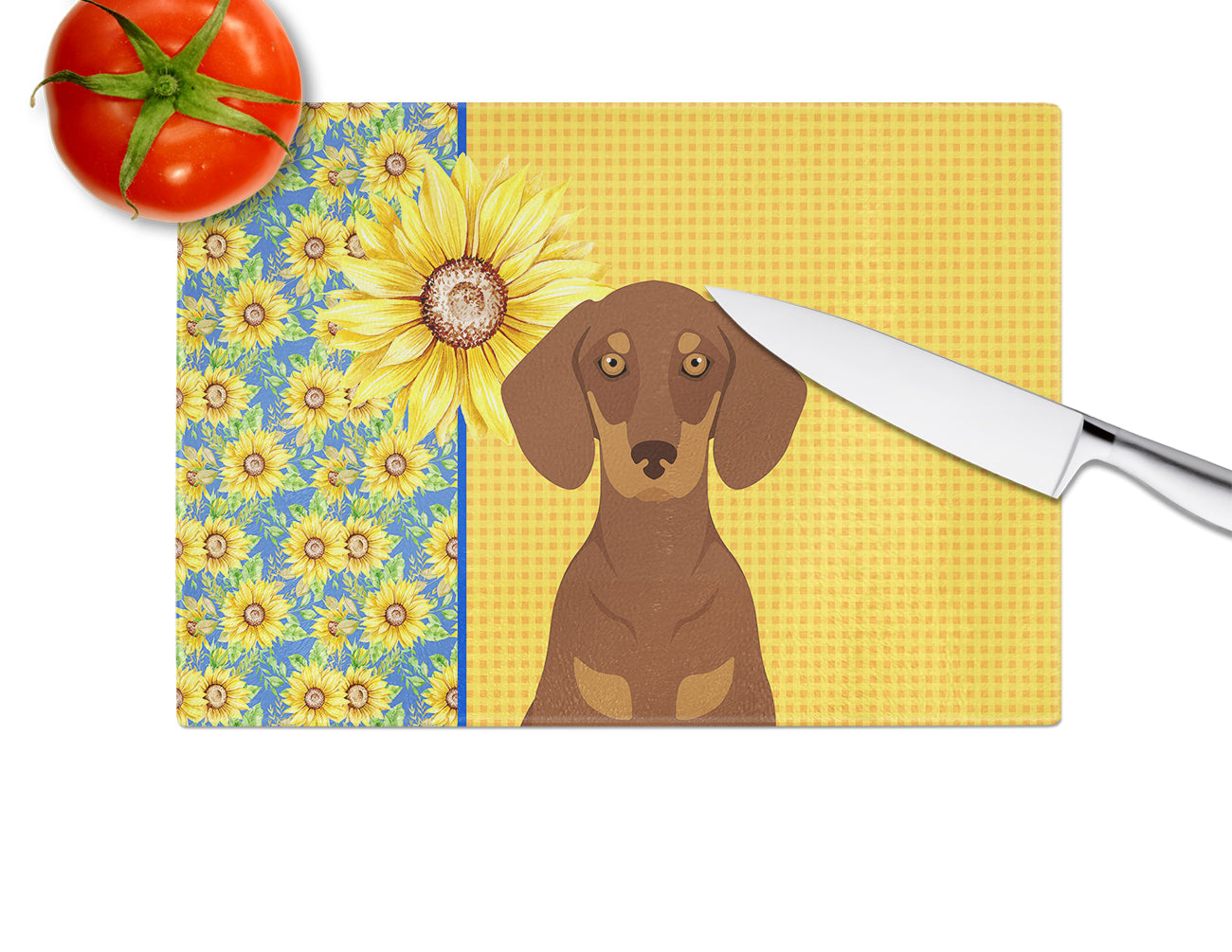Summer Sunflowers Chocolate and Tan Dachshund Glass Cutting Board Large - the-store.com