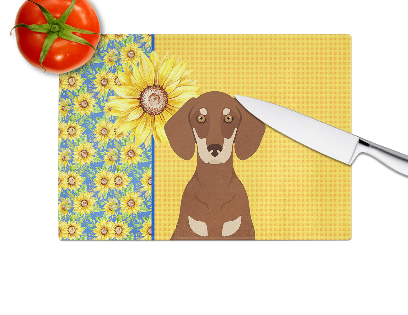 Summer Sunflowers Chocolate and Cream Dachshund Glass Cutting Board Large - the-store.com