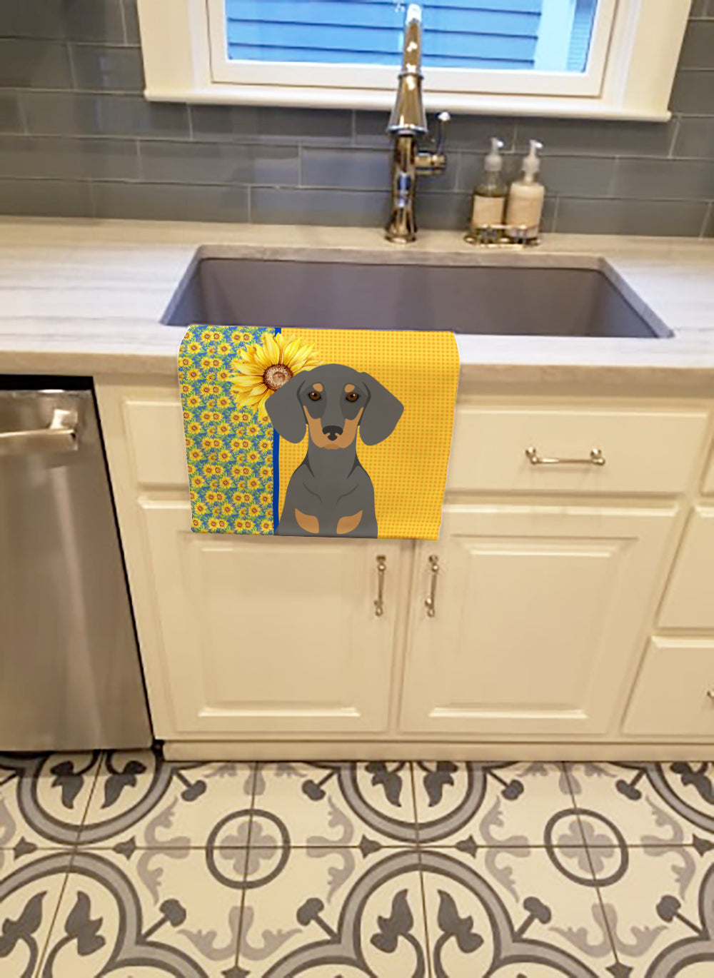 Summer Sunflowers Blue and Tan Dachshund Kitchen Towel - the-store.com