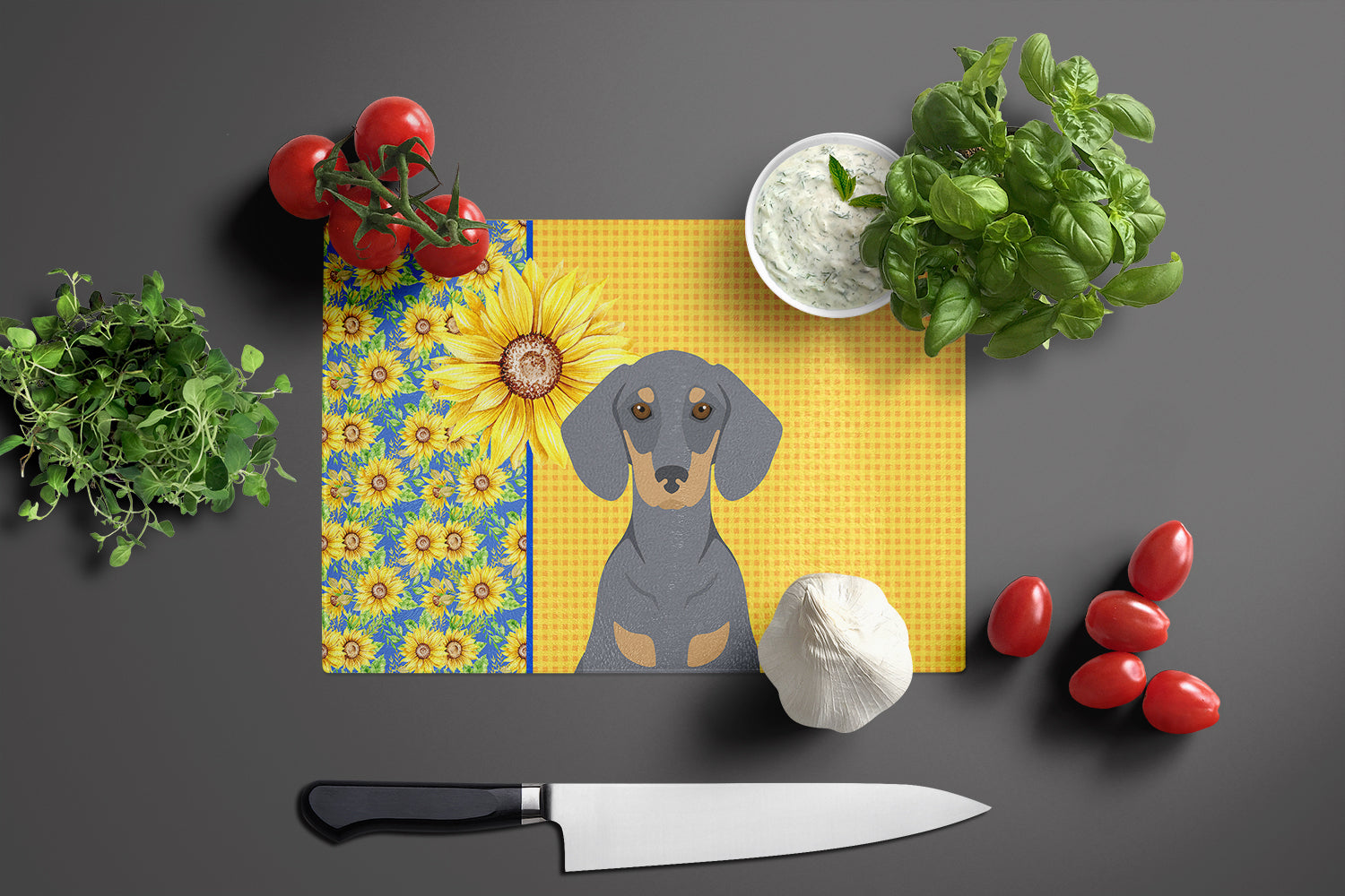 Summer Sunflowers Blue and Tan Dachshund Glass Cutting Board Large - the-store.com