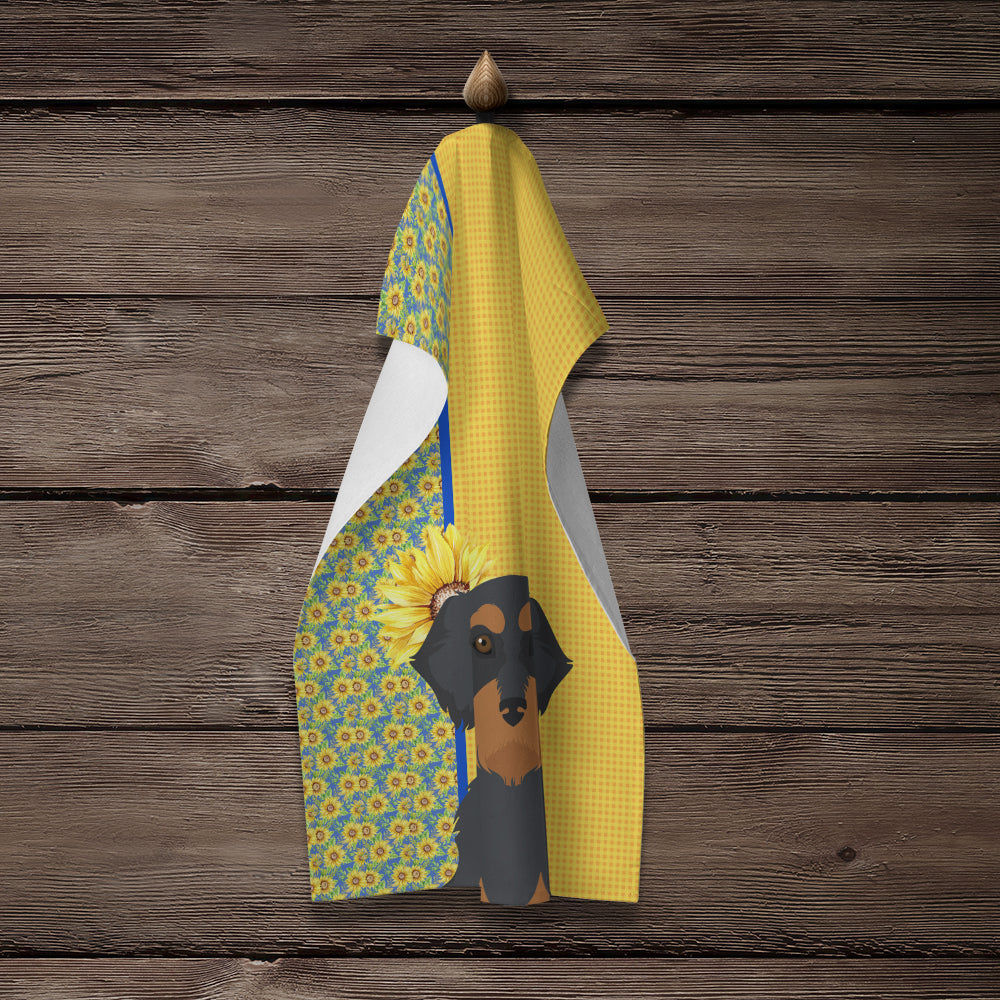 Summer Sunflowers Wirehair Black and Tan Dachshund Kitchen Towel - the-store.com