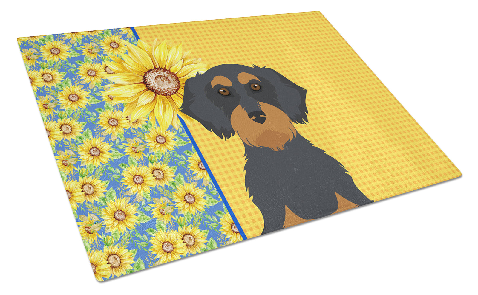 Buy this Summer Sunflowers Wirehair Black and Tan Dachshund Glass Cutting Board Large