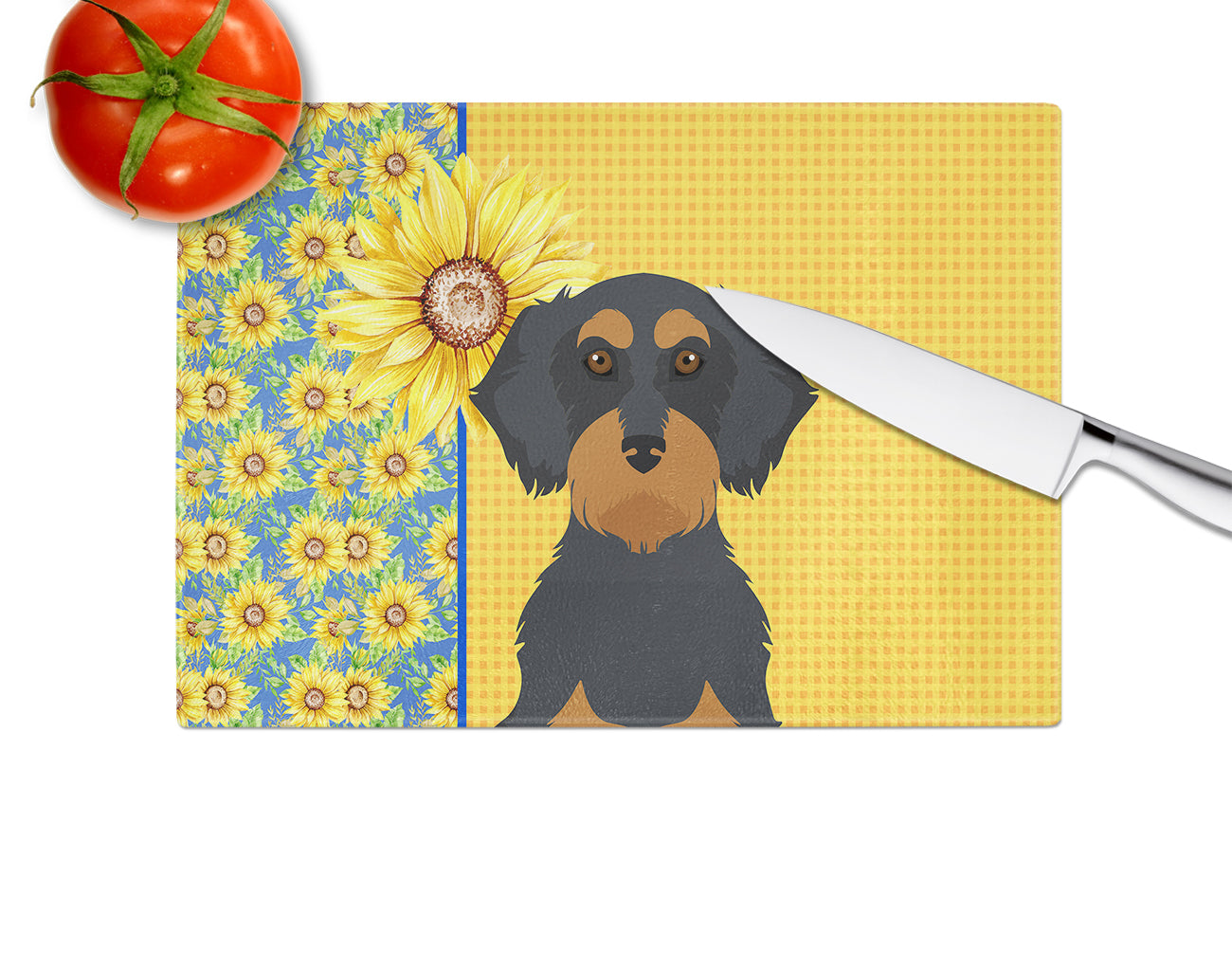 Summer Sunflowers Wirehair Black and Tan Dachshund Glass Cutting Board Large - the-store.com