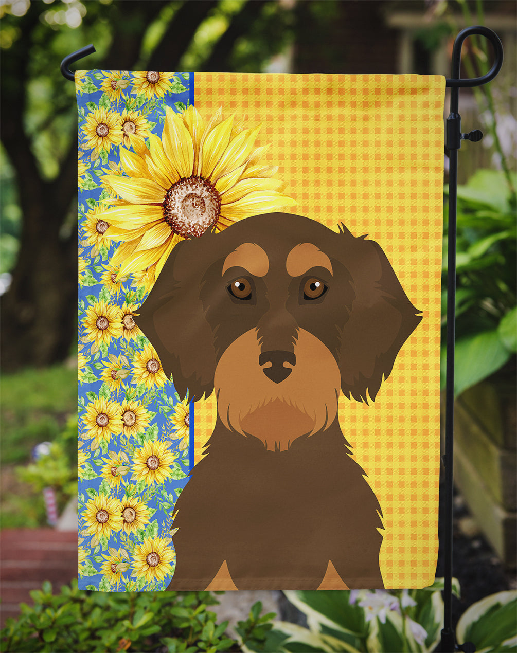 Summer Sunflowers Wirehair Chocolate and Tan Dachshund Flag Garden Size  the-store.com.
