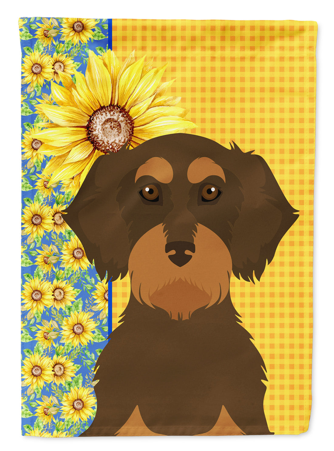 Summer Sunflowers Wirehair Chocolate and Tan Dachshund Flag Garden Size  the-store.com.