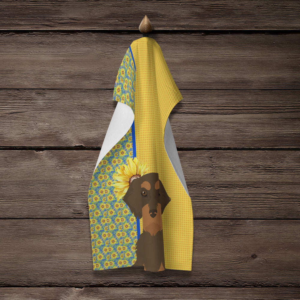 Summer Sunflowers Wirehair Chocolate and Tan Dachshund Kitchen Towel - the-store.com