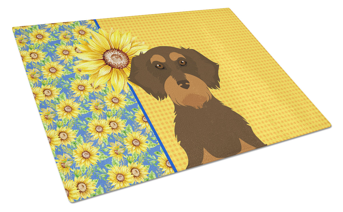 Buy this Summer Sunflowers Wirehair Chocolate and Tan Dachshund Glass Cutting Board Large