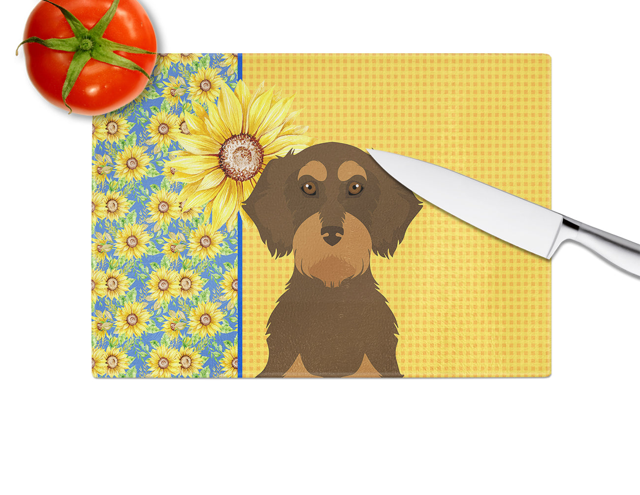Summer Sunflowers Wirehair Chocolate and Tan Dachshund Glass Cutting Board Large - the-store.com