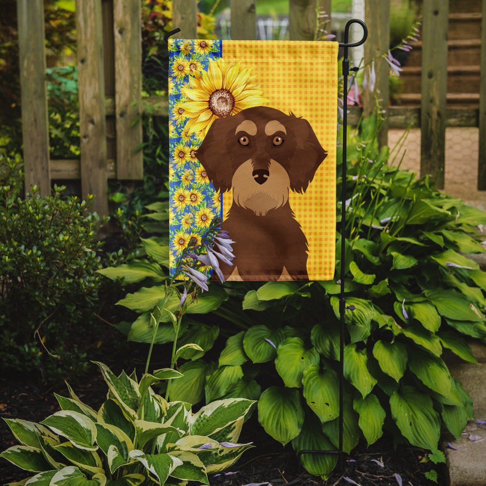 Summer Sunflowers Wirehair Red and Tan Dachshund Flag Garden Size  the-store.com.