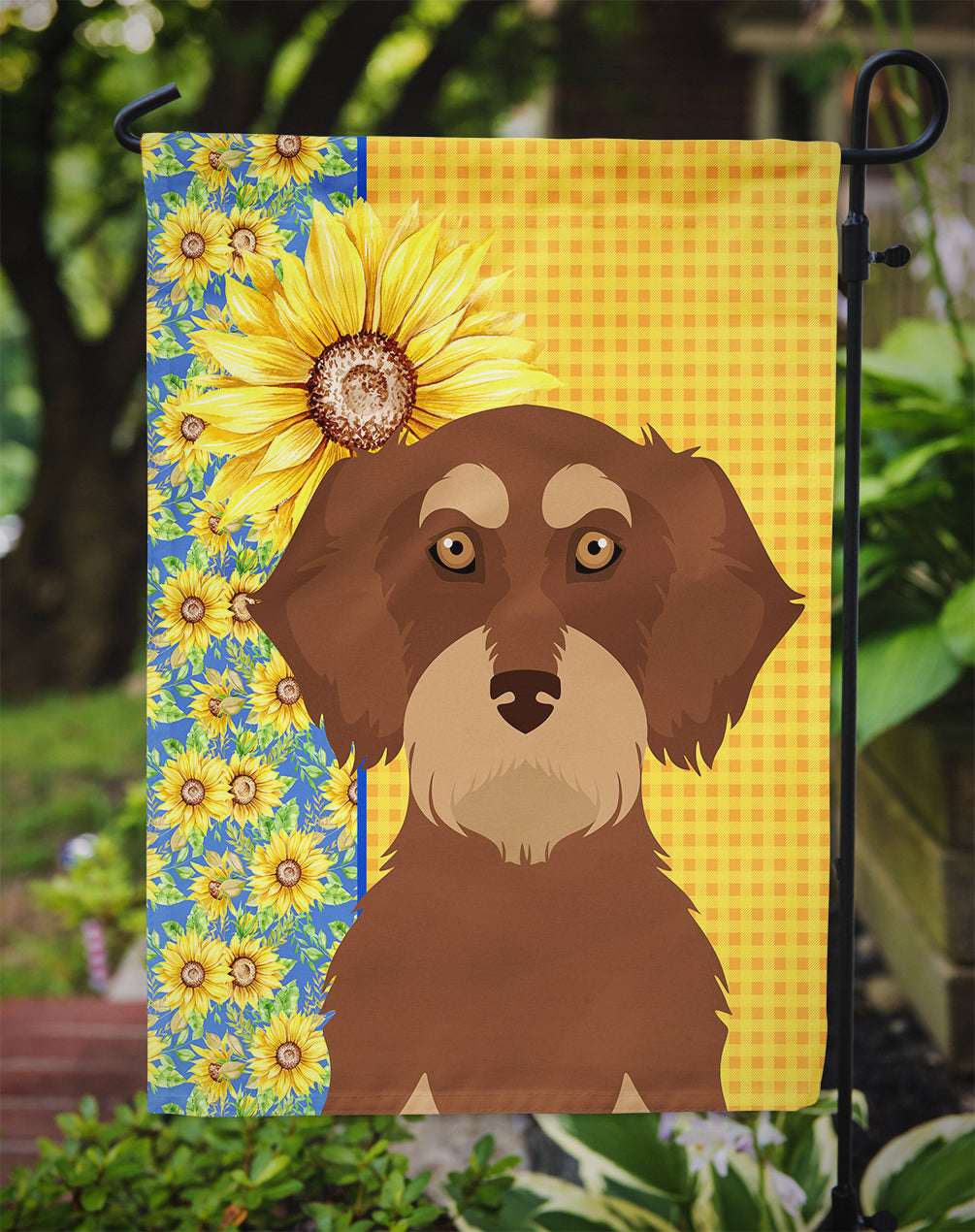 Summer Sunflowers Wirehair Red and Tan Dachshund Flag Garden Size