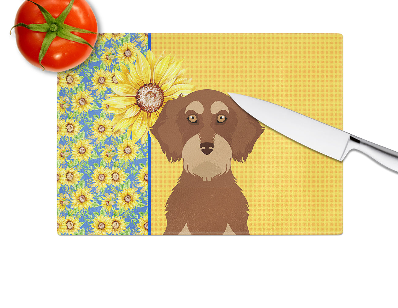 Summer Sunflowers Wirehair Red and Tan Dachshund Glass Cutting Board Large - the-store.com