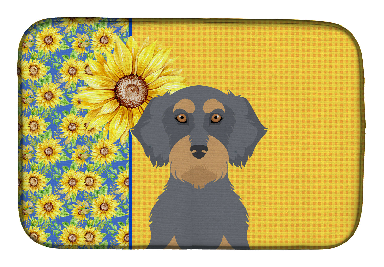 Summer Sunflowers Wirehair Blue and Tan Dachshund Dish Drying Mat  the-store.com.