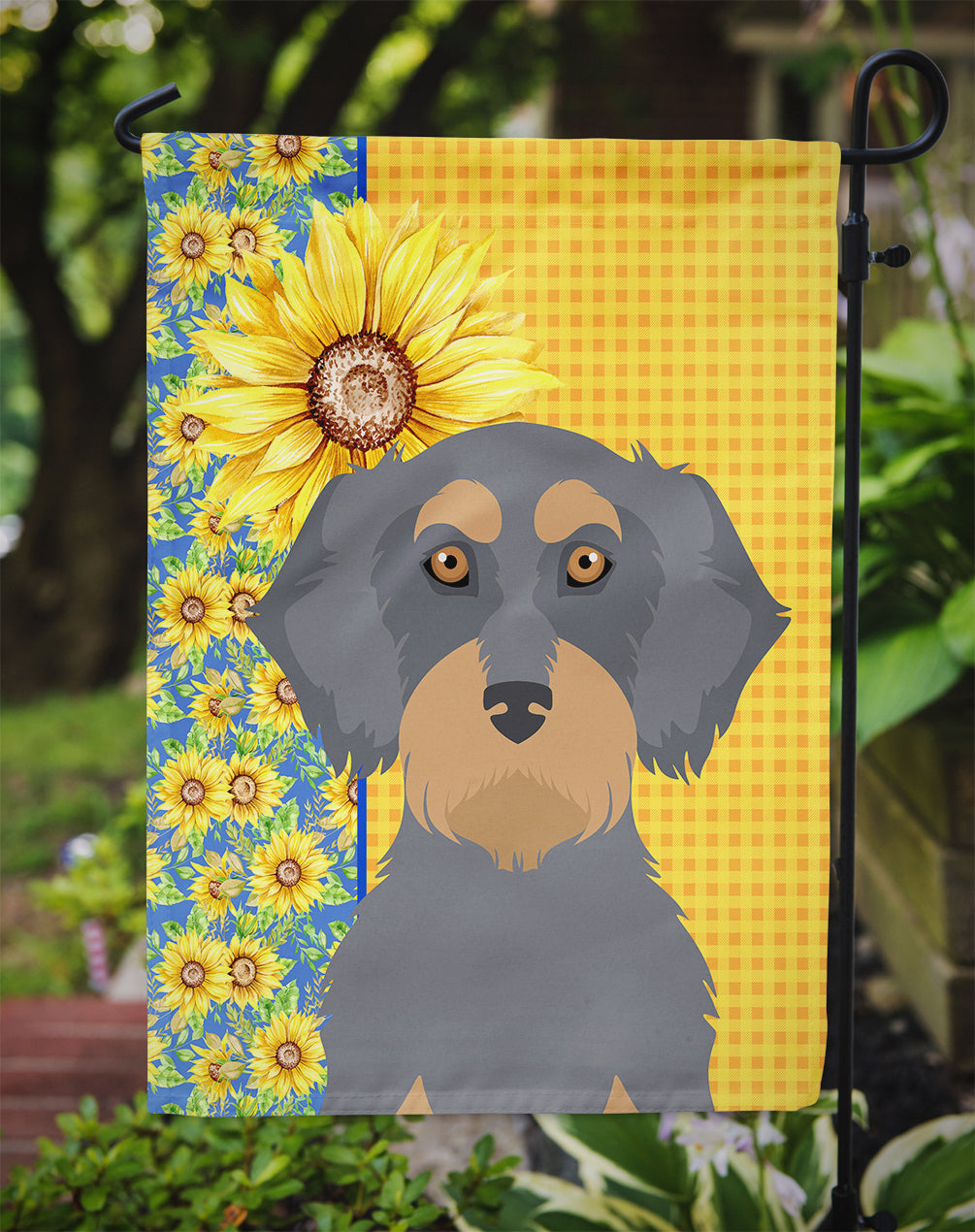 Summer Sunflowers Wirehair Blue and Tan Dachshund Flag Garden Size  the-store.com.