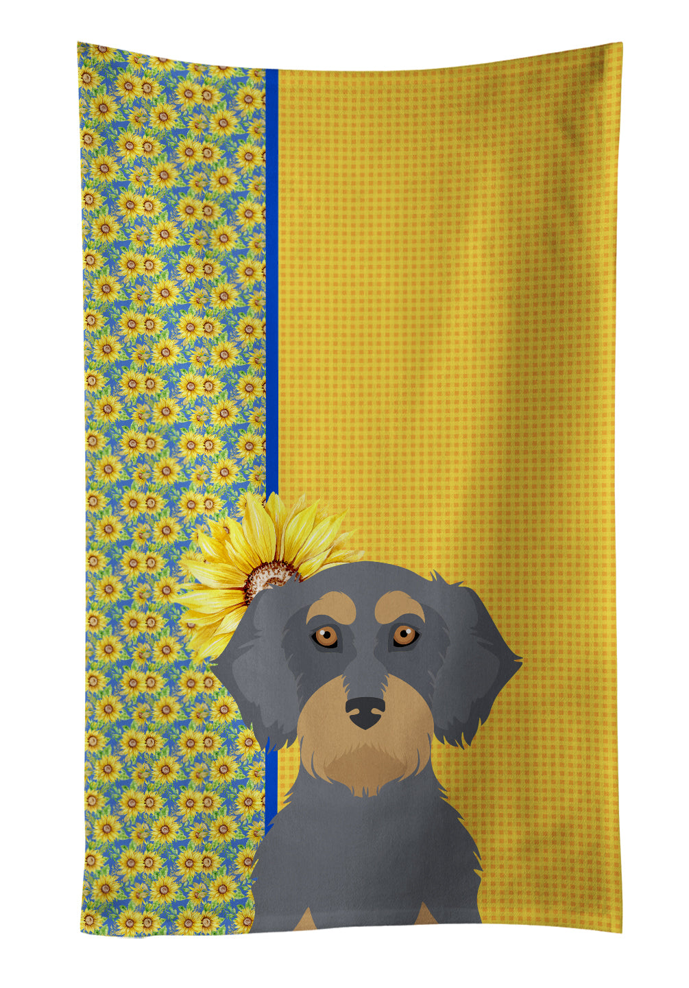 Buy this Summer Sunflowers Wirehair Blue and Tan Dachshund Kitchen Towel