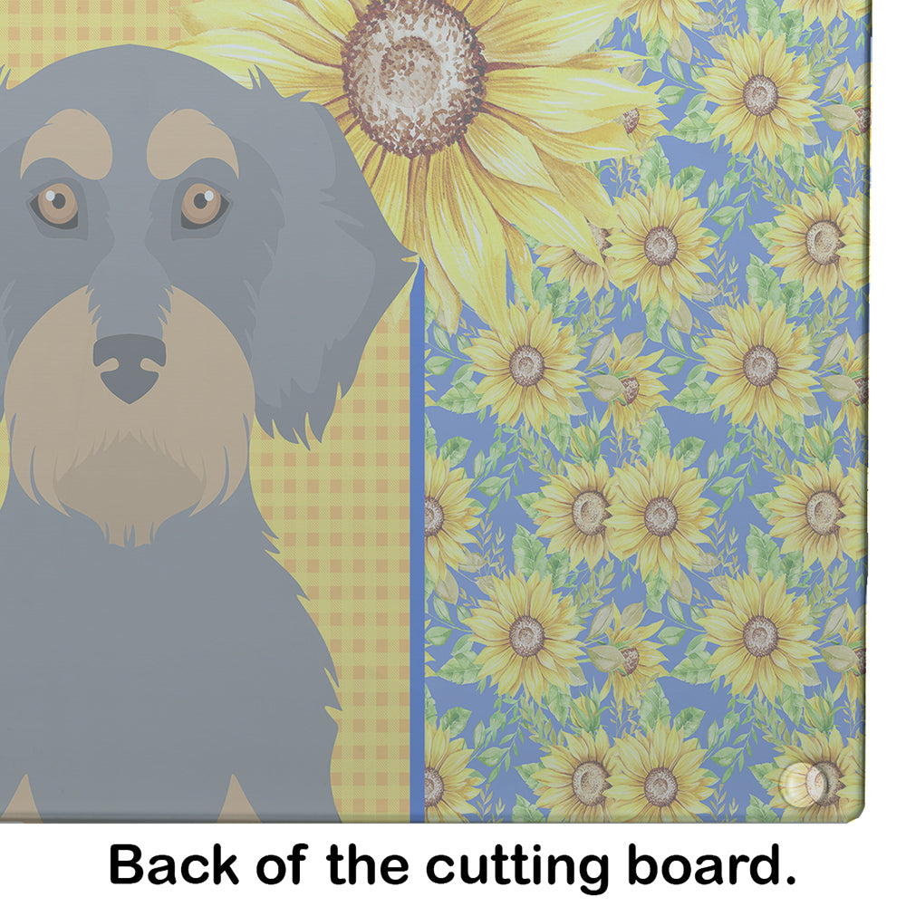 Summer Sunflowers Wirehair Blue and Tan Dachshund Glass Cutting Board Large - the-store.com