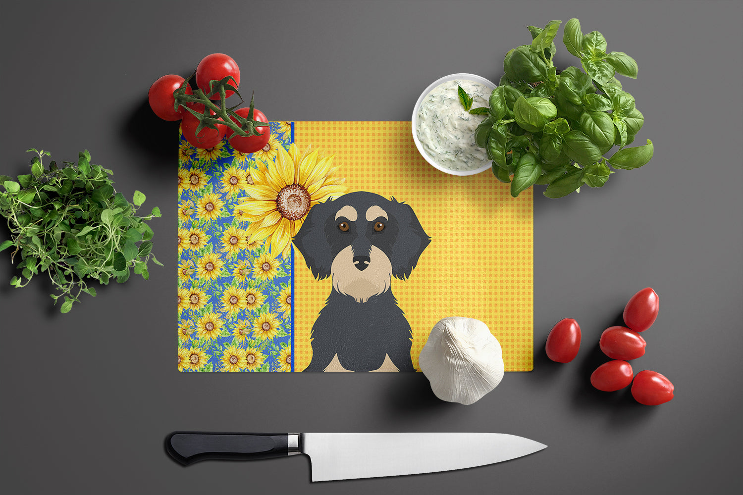 Summer Sunflowers Wirehair Black and Cream Dachshund Glass Cutting Board Large - the-store.com