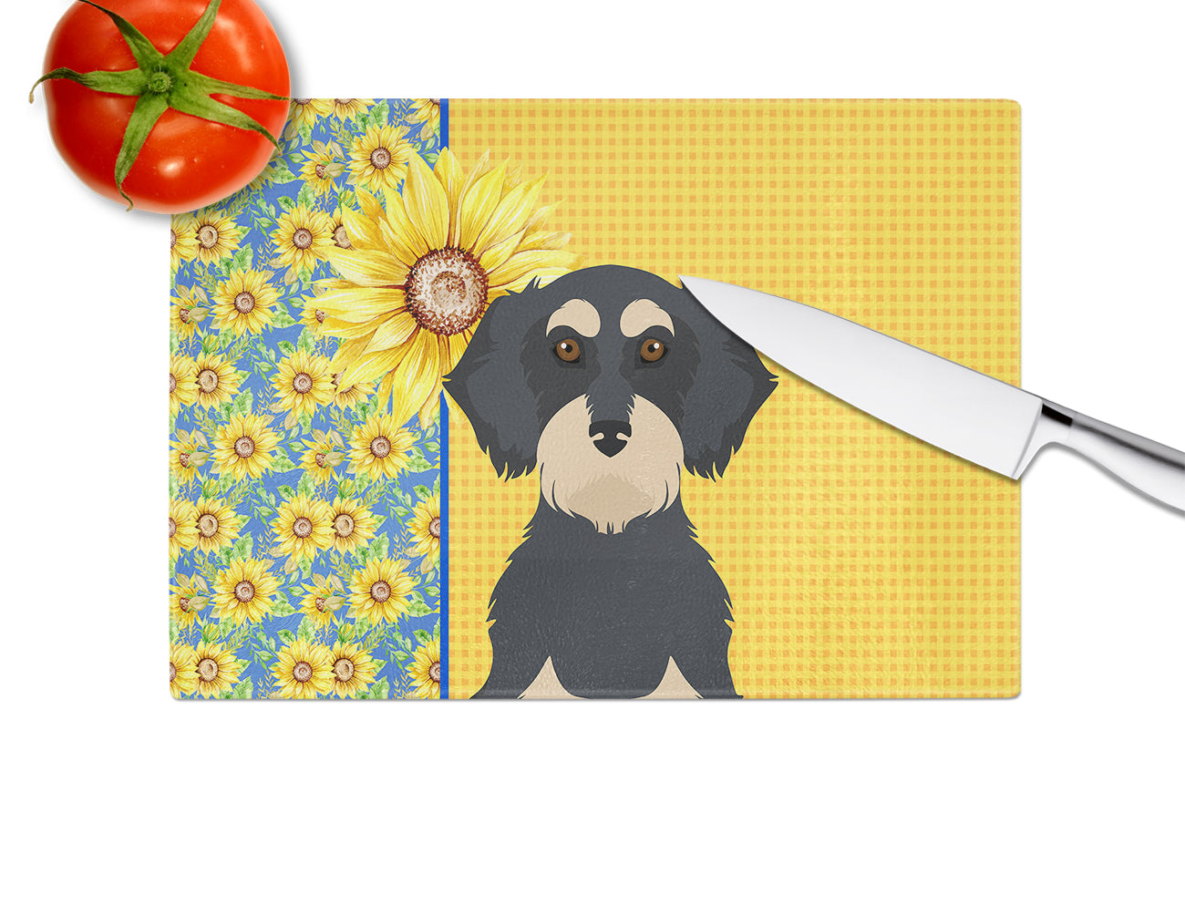 Summer Sunflowers Wirehair Black and Cream Dachshund Glass Cutting Board Large - the-store.com