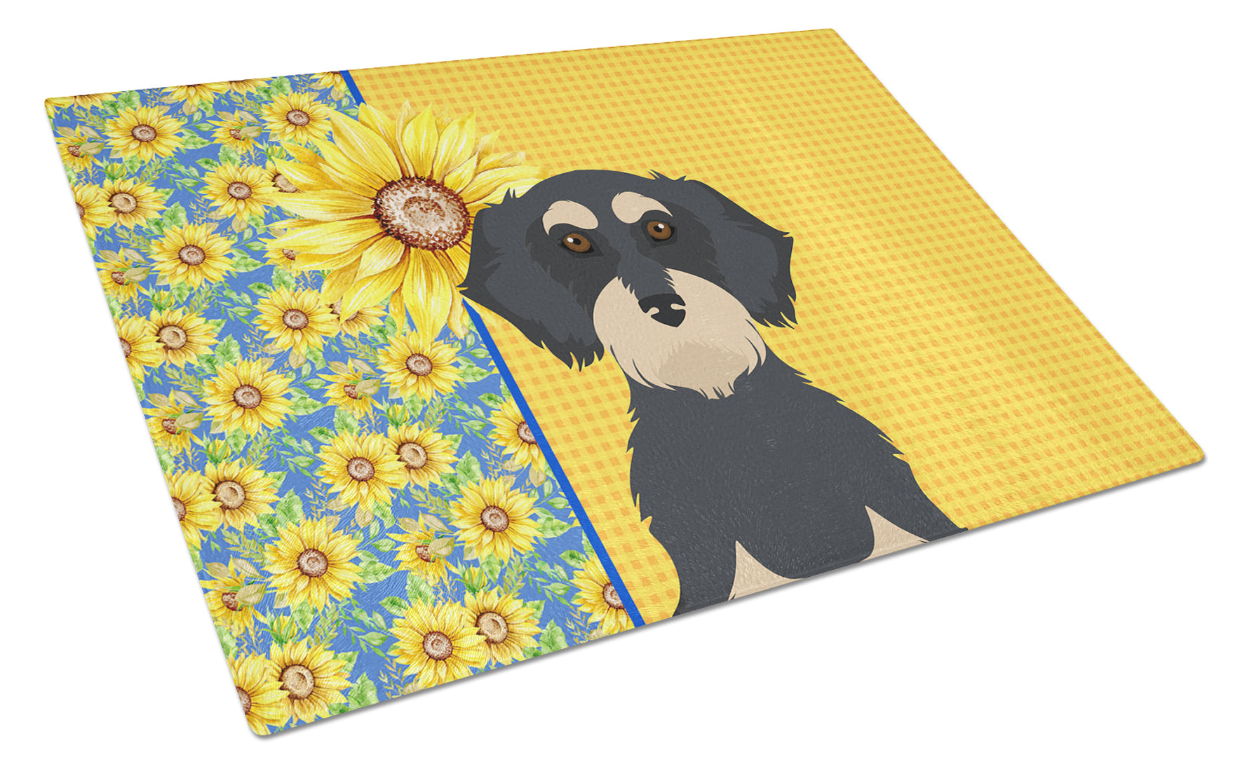Buy this Summer Sunflowers Wirehair Black and Cream Dachshund Glass Cutting Board Large