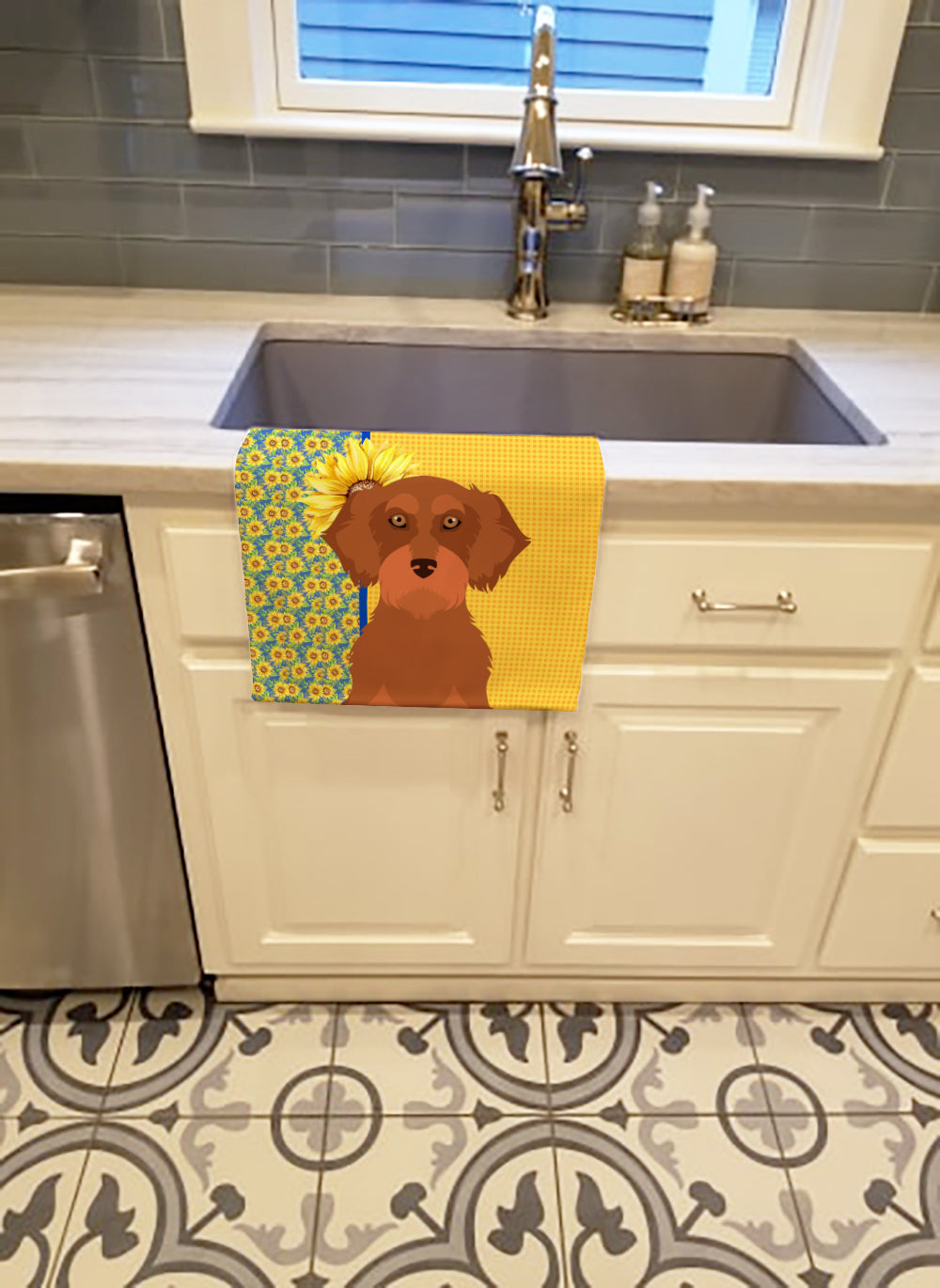 Summer Sunflowers Wirehair Red Dachshund Kitchen Towel - the-store.com