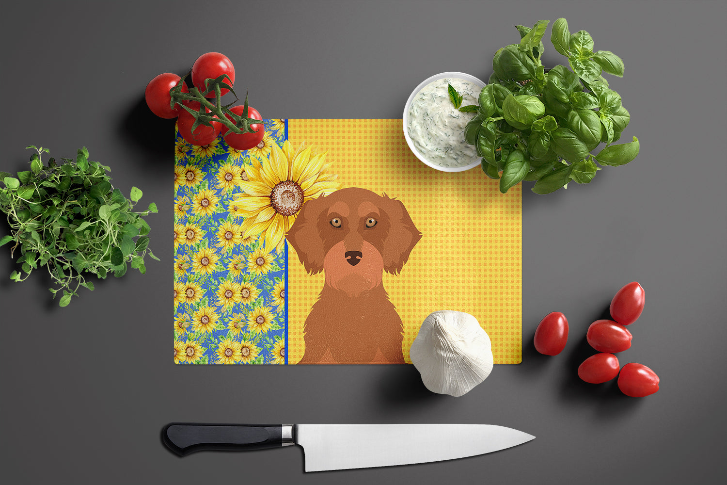 Summer Sunflowers Wirehair Red Dachshund Glass Cutting Board Large - the-store.com