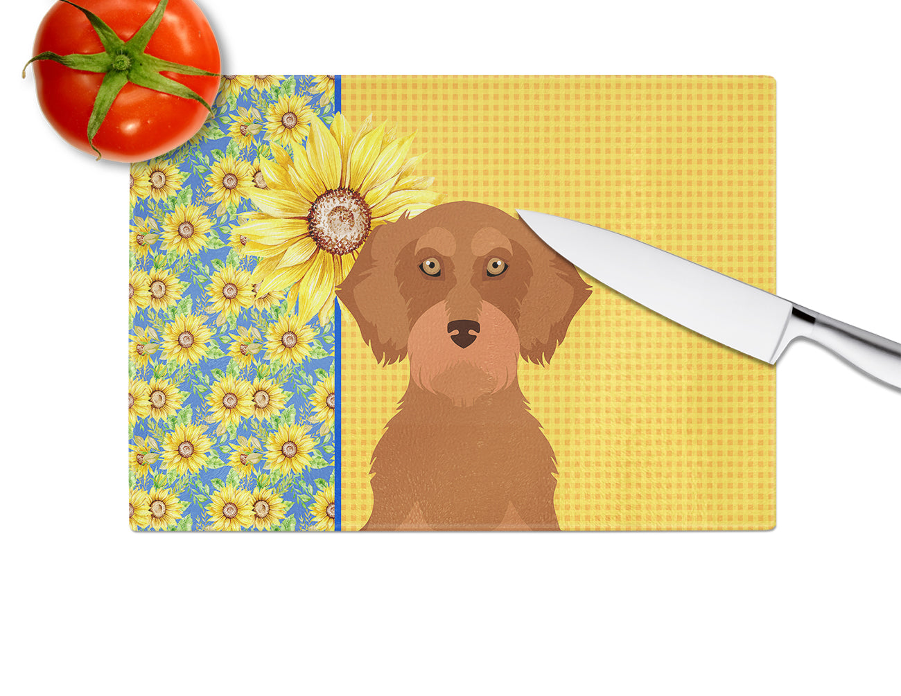 Summer Sunflowers Wirehair Red Dachshund Glass Cutting Board Large - the-store.com