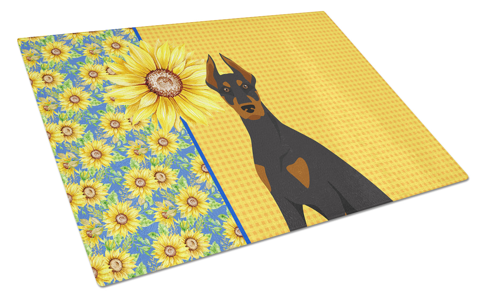 Buy this Summer Sunflowers Black and Tan Doberman Pinscher Glass Cutting Board Large