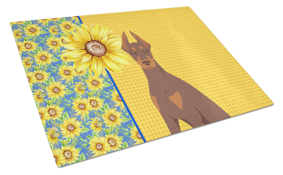 Buy this Summer Sunflowers Red and Tan Doberman Pinscher Glass Cutting Board Large