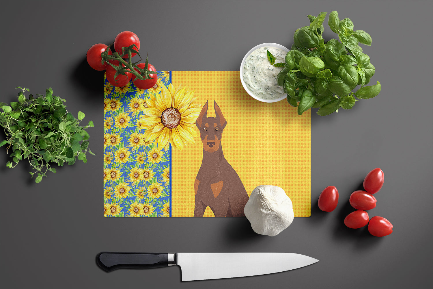 Summer Sunflowers Red and Tan Doberman Pinscher Glass Cutting Board Large - the-store.com