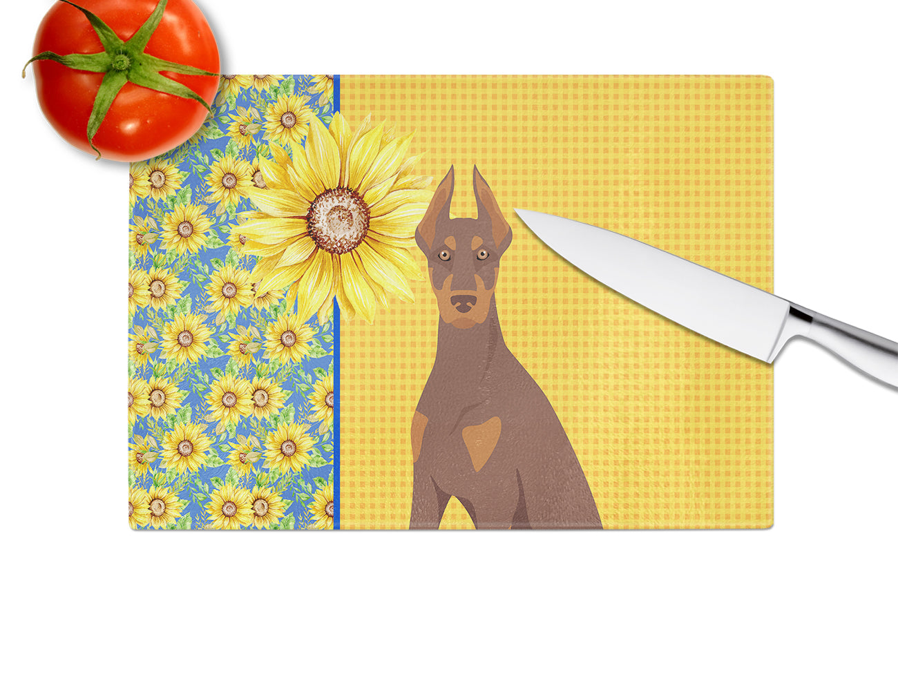Summer Sunflowers Red and Tan Doberman Pinscher Glass Cutting Board Large - the-store.com