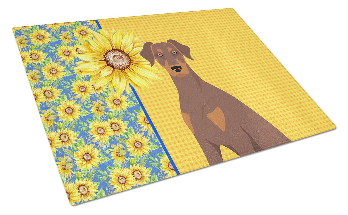 Buy this Summer Sunflowers Natural Ear Red and Tan Doberman Pinscher Glass Cutting Board Large