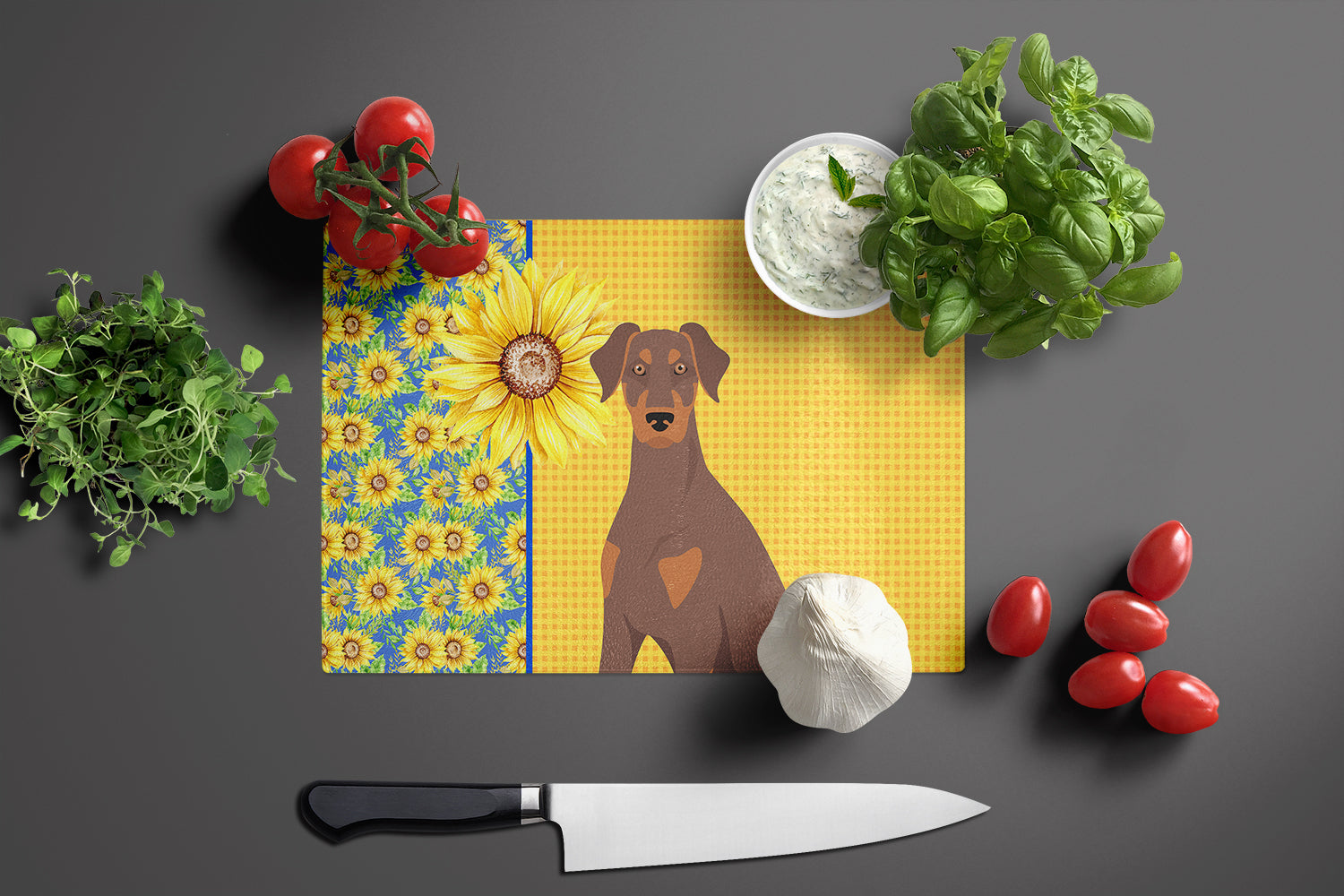 Summer Sunflowers Natural Ear Red and Tan Doberman Pinscher Glass Cutting Board Large - the-store.com