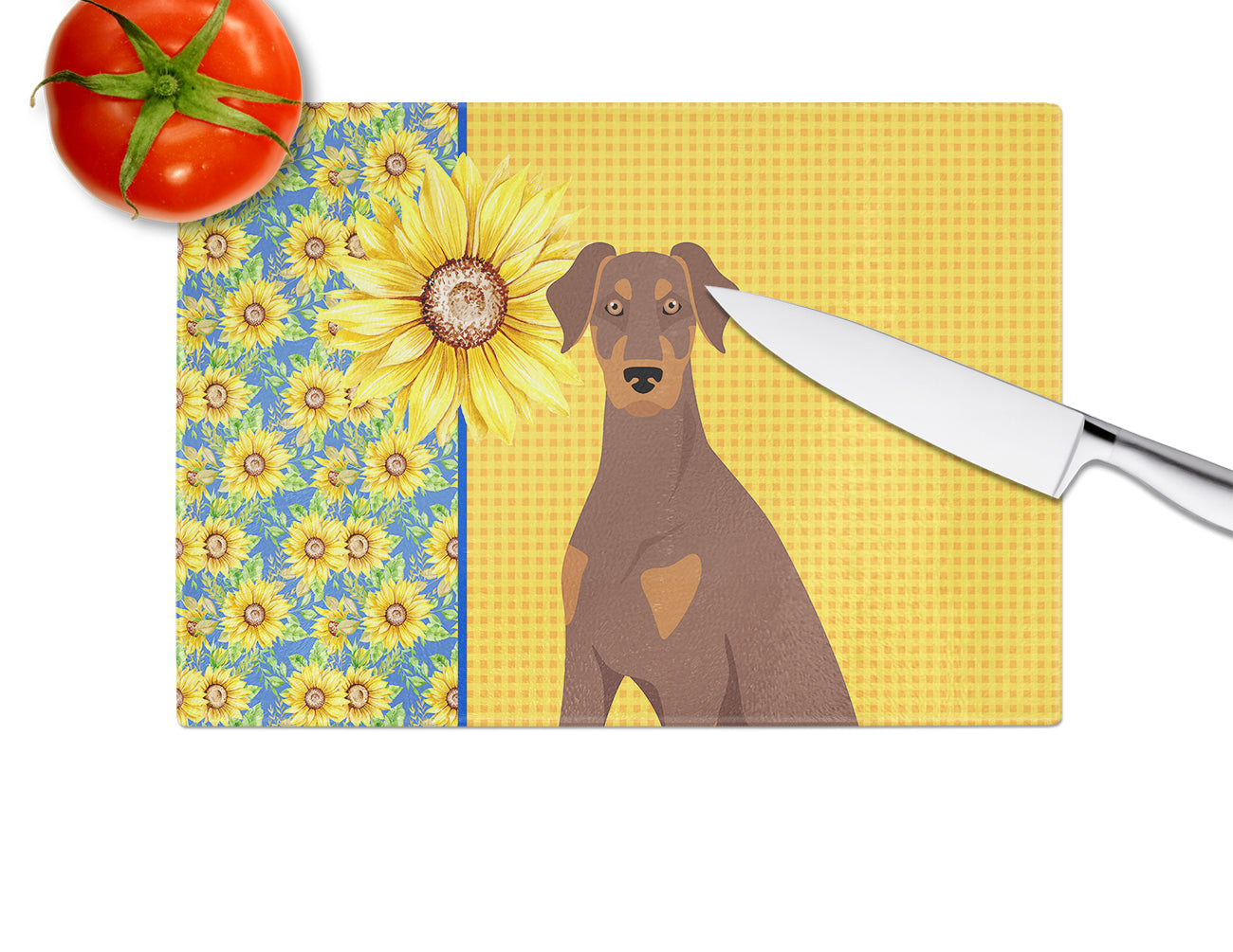 Summer Sunflowers Natural Ear Red and Tan Doberman Pinscher Glass Cutting Board Large - the-store.com