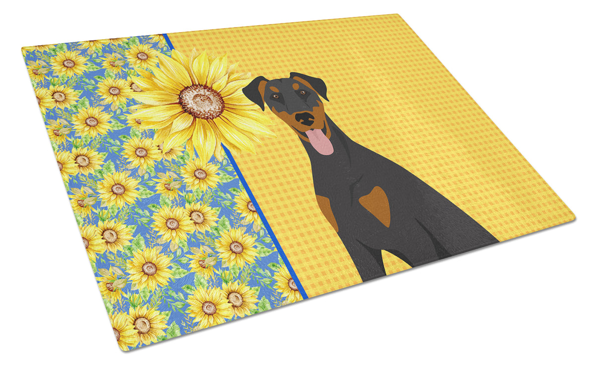 Buy this Summer Sunflowers Natural Ear Black and Tan Doberman Pinscher Glass Cutting Board Large