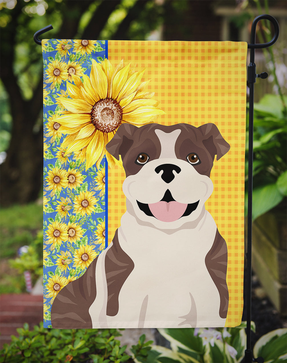 Summer Sunflowers Brindle English Bulldog Flag Garden Size