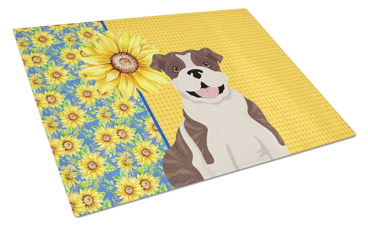 Buy this Summer Sunflowers Brindle English Bulldog Glass Cutting Board Large