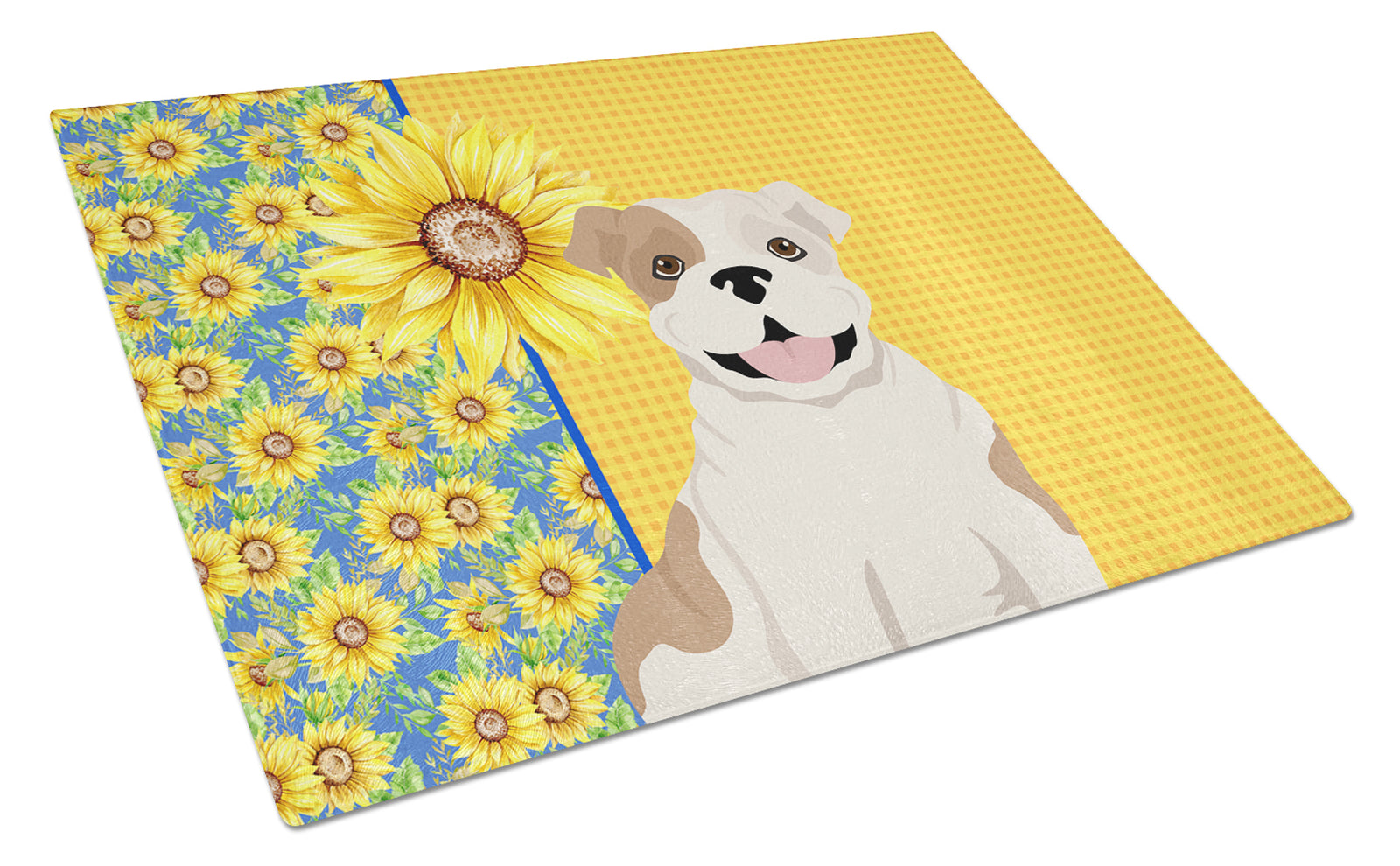 Buy this Summer Sunflowers Piebald English Bulldog Glass Cutting Board Large