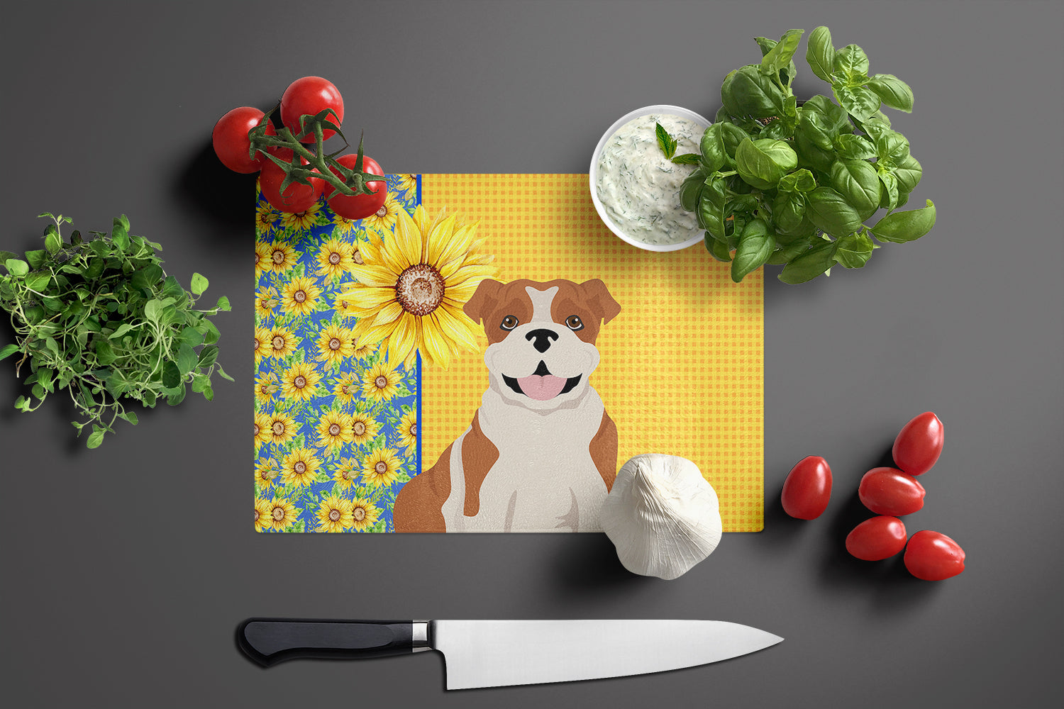 Summer Sunflowers Red English Bulldog Glass Cutting Board Large - the-store.com