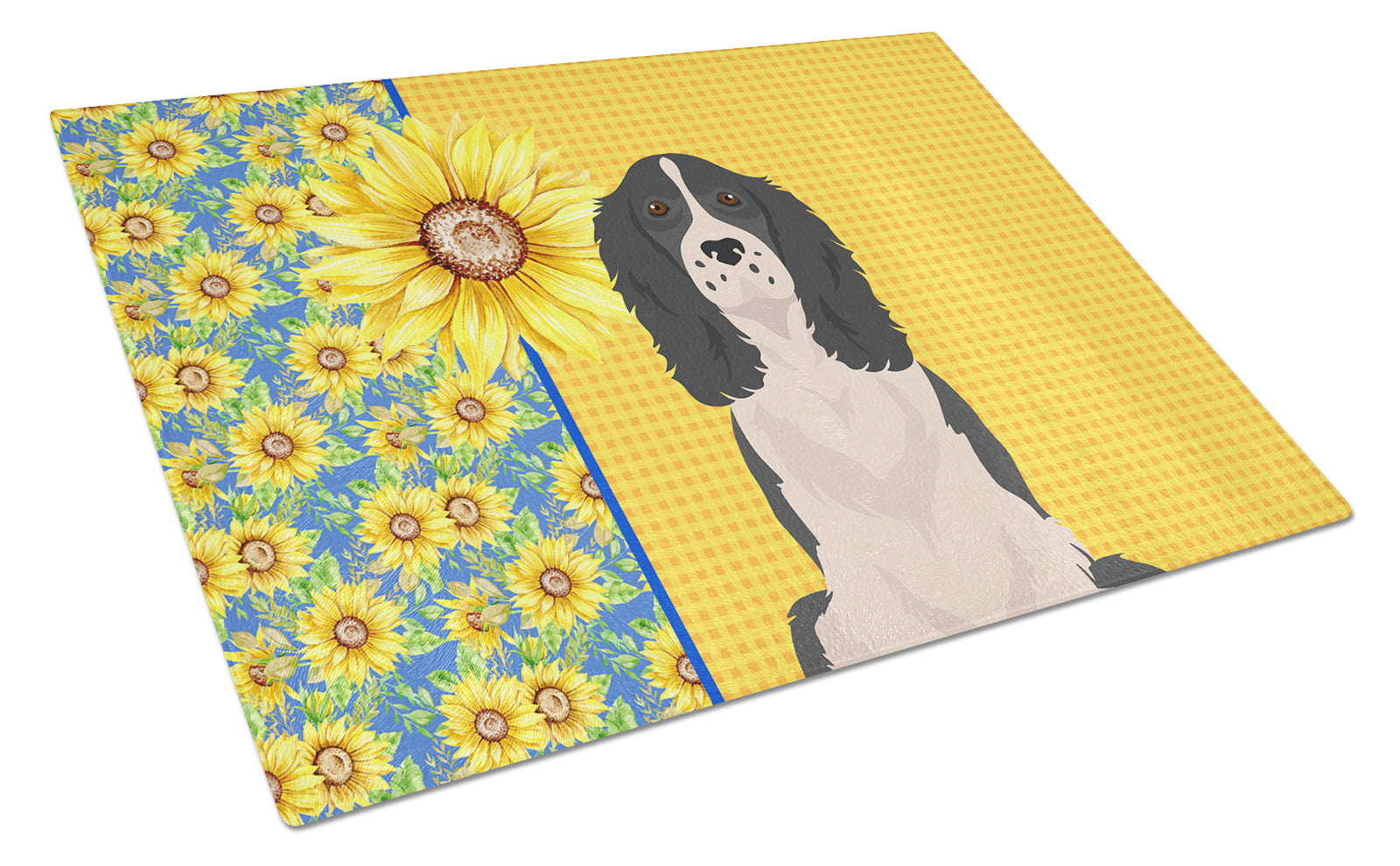 Buy this Summer Sunflowers Black English Springer Spaniel Glass Cutting Board Large