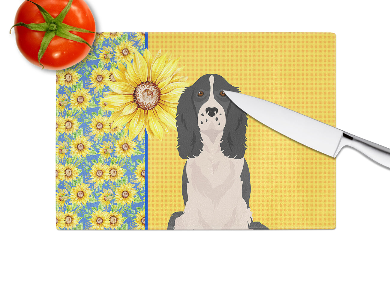 Summer Sunflowers Black English Springer Spaniel Glass Cutting Board Large - the-store.com
