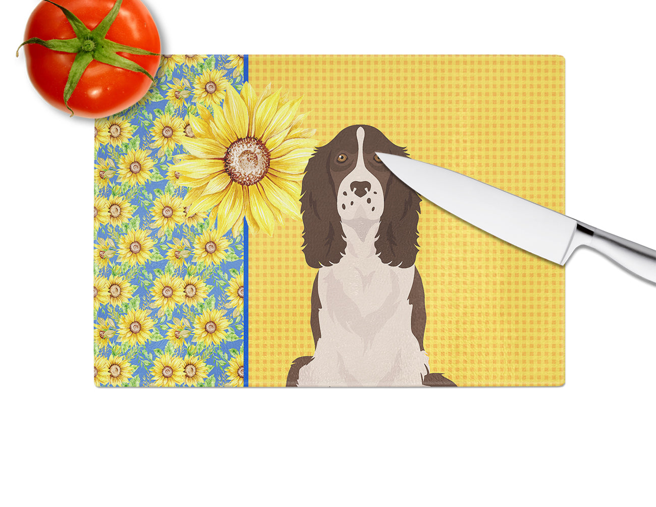 Summer Sunflowers Liver English Springer Spaniel Glass Cutting Board Large - the-store.com