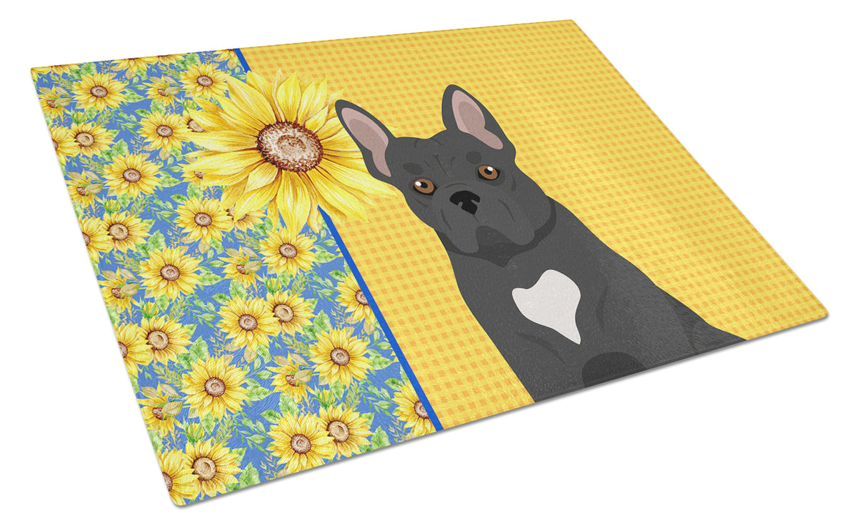 Buy this Summer Sunflowers Black French Bulldog Glass Cutting Board Large